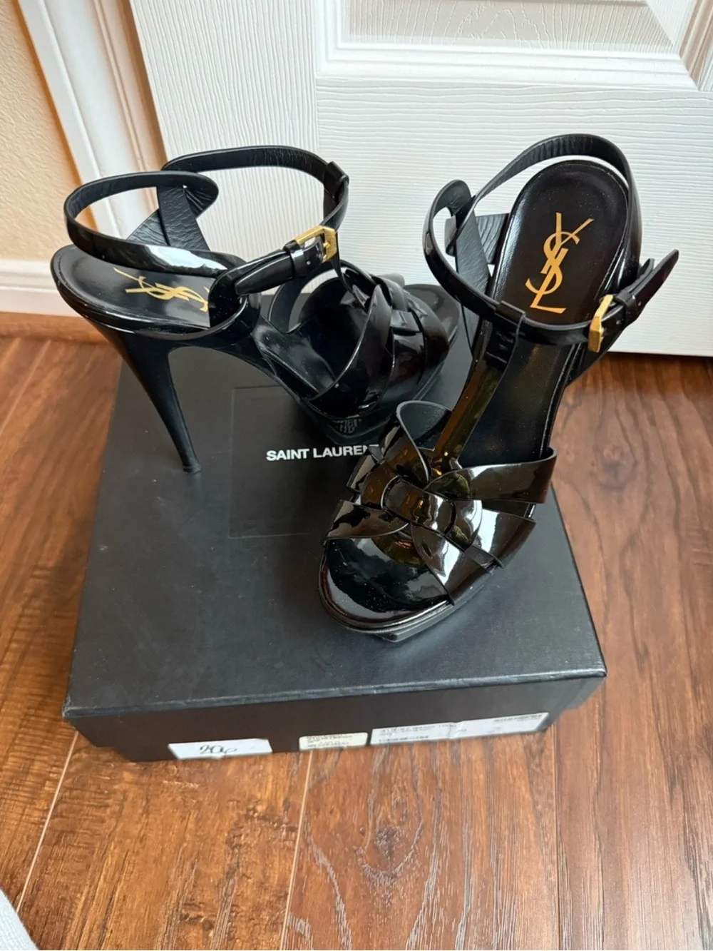Saint Laurent Tribute 105 Icon Black Patent Leather Platform Heels Sandals